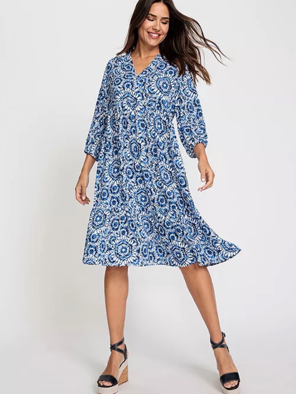 Olsen XL/16 Blue Floral Batik 3/4 Sleeve Swing V-Neck Tunic Dress Boho Resort